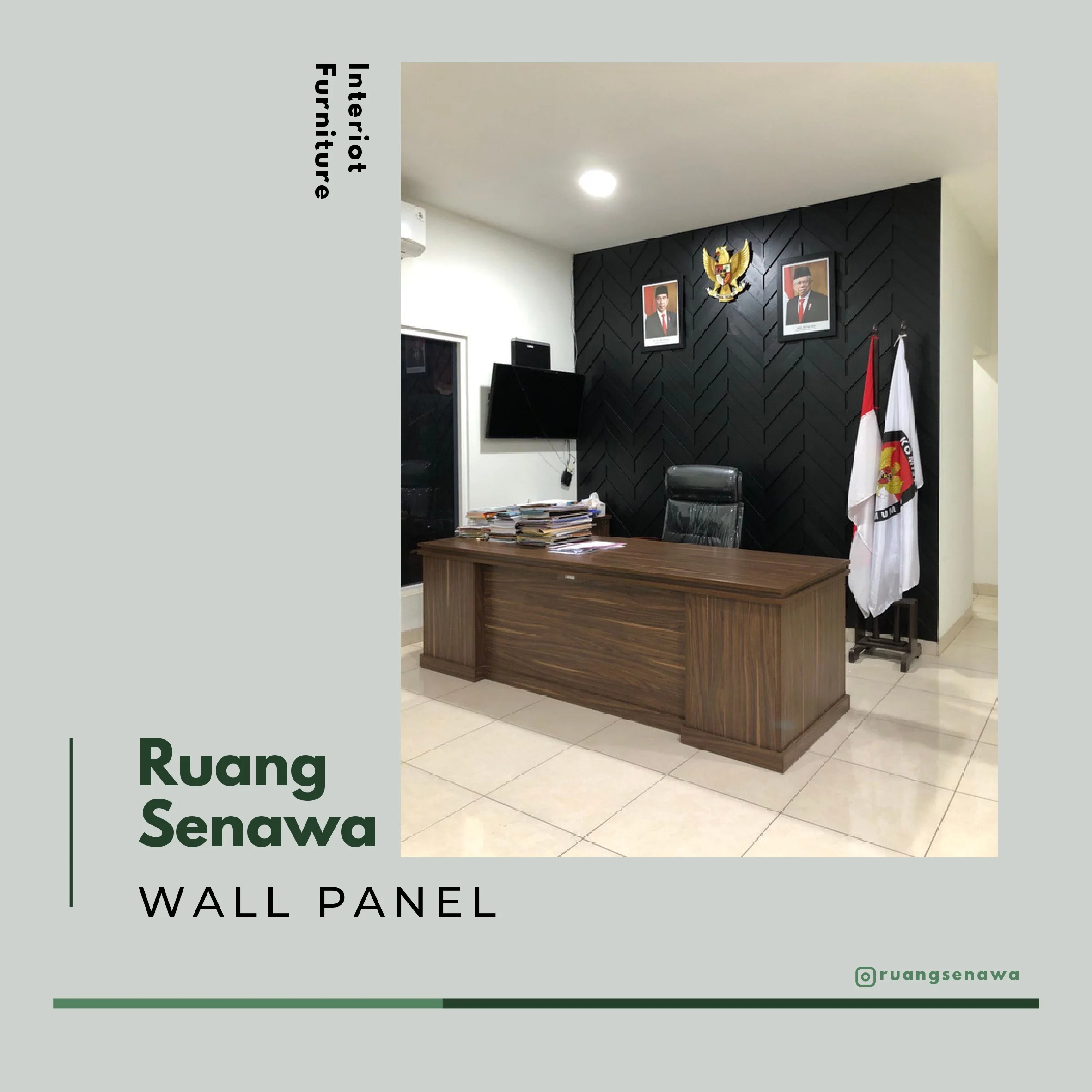 Executive V-Chevron Black Wall Panel — Dinding aksen hitam motif chevron/V di ruang kerja pejabat Kota Palu Ruang Senawa
